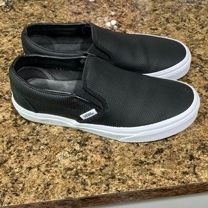 Unisex Black Perforated Leather Vans Core Classics Slip on Sneakers Like New!!